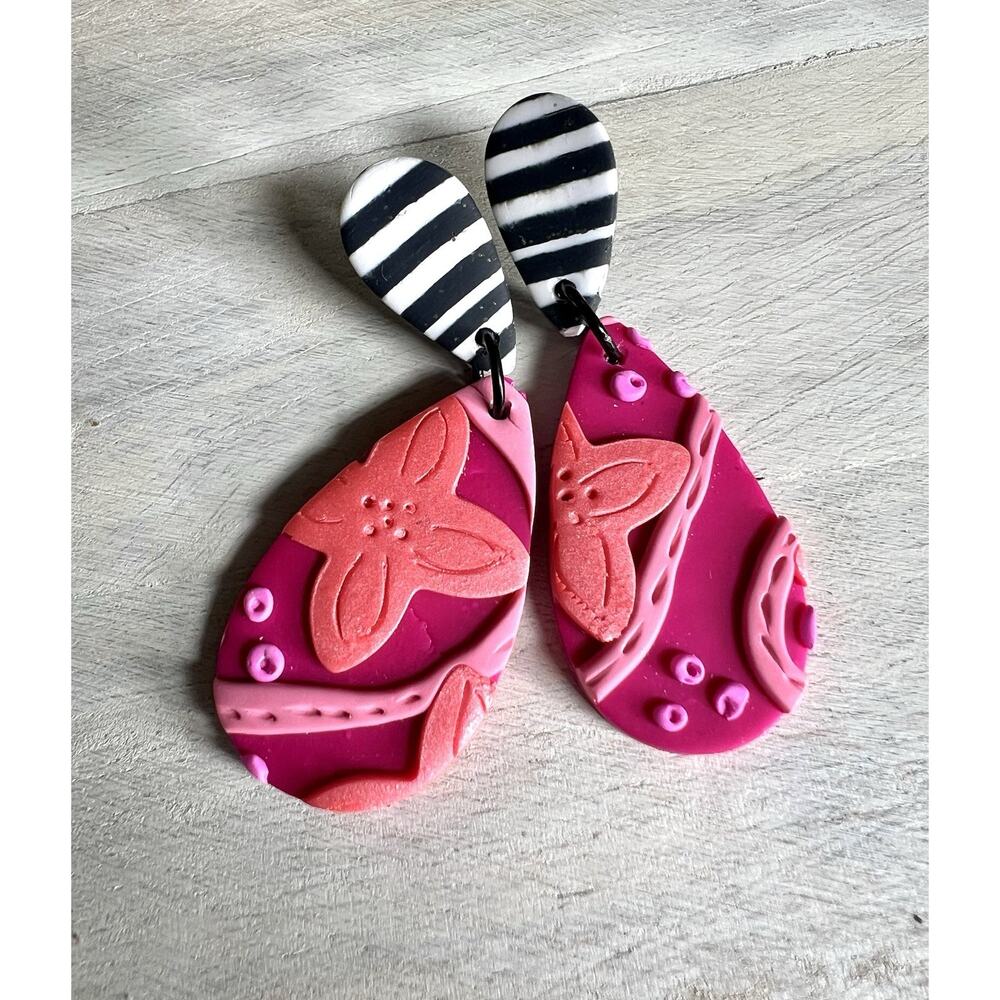 Handmade Polymer Clay Earrings Handcrafted Artwork Black white Pink